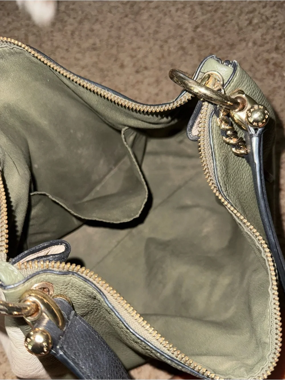 Coach New York Pebbled Leather Colorblock Tote Shoulder Bag Olive Green/ White